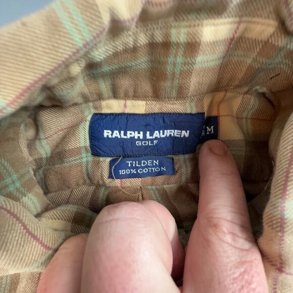 Ralph Lauren Golf Tilden Plaid Button Down Shirt Men M Tan Cotton Preppy - Picture 7 of 9